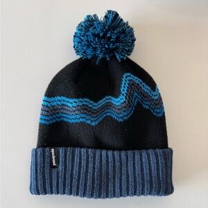 *LIKE NEW* Patagonia Kids Black / Blue Striped Beanie Winter Hat with Pom Pom